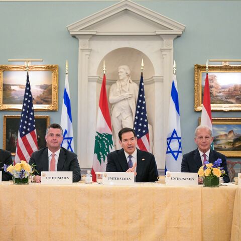 US Secretary of State Marco Rubio (C), alongside US State Department Counselor Michael Needham (2L) and US Ambassador to Lebanon Michel Issa (2R), speaks during a meeting.