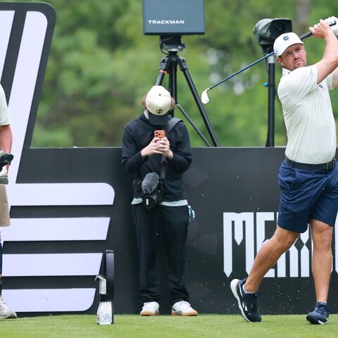 Bryson DeChambeau of Crushers GC plays his shot from the 17th tee prior to LIV Golf Mexico City at Club de Golf Chapultepec on April 15, 2026, in Mexico City.