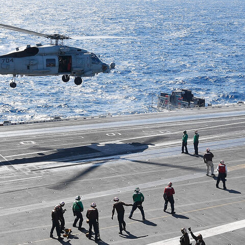 TOWNSVILLE, AUSTRALIA - JULY 14: A US Navy Seahawk helicopter takes off from the deck of the USS Ronald Reagan on July 14, 2017 in Townsville, Australia. USS Ronald Reagan is a 1,092- foot aircraft carrier which carries a crew of 4,539 around 60 aircraft. Exercise Talisman Sabre is the largest combined military exercise undertaken in Australia. The biennial exercise is the principal Australian and U.S. military training activity. (Photo by Ian Hitchcock/Getty Images)