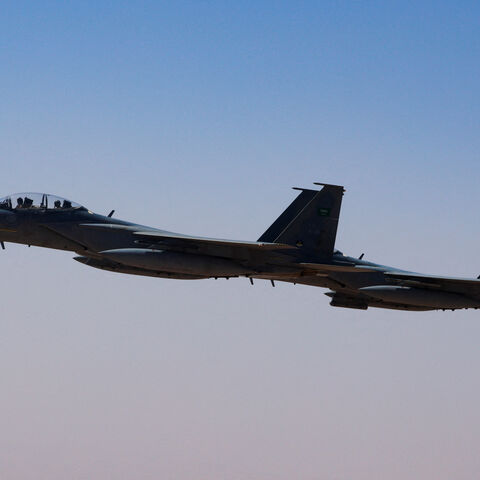 FILE PHOTO: A Saudi fighter jet accompanies Air Force One, carrying U.S. President Donald Trump, on approach to the King Khalid International Airport in Riyadh, Saudi Arabia, May 13, 2025. REUTERS/Brian Snyder/File Photo