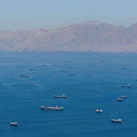 A drone view shows vessels anchored at the Strait of Hormuz, as seen from Musandam, Oman, May 25, 2026. REUTERS/Stringer