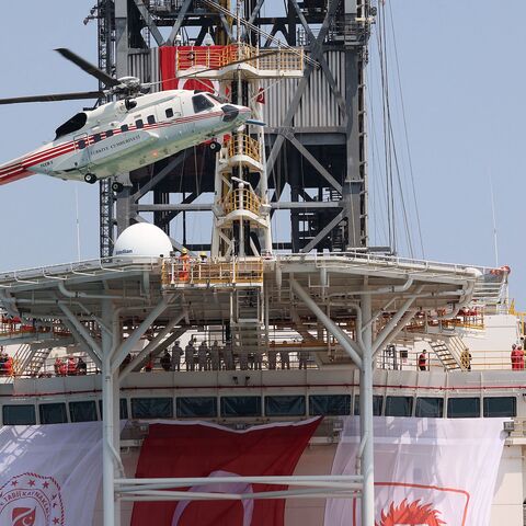 The helicopter of Turkish President Recep Tayyip Erdogan lands on Abdulhamid Han drill ship, the fourth built by Turkey, in Mersin on Aug. 9, 2022, before being sent for gas exploration to an undisputed area in the Mediterranean Sea, south of Gazipasa. 