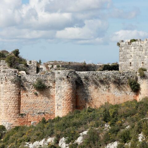 A picture shows a section of the external wall and towers of the Saladin Fortress, a UNESCO World Heritage site, in Syria's Latakia province on March 7, 2023. 