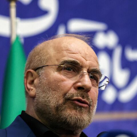 Iran's Parliament Speaker Mohammad Bagher Ghalibaf speaks during an election campaign rally ahead of the presidential vote in Tehran on June 15, 2024. 