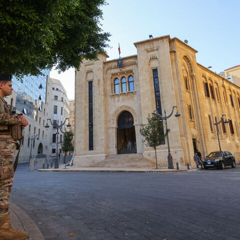 Members of Lebanese security forces stand guard in the perimeter of the Parliament, a day ahead of a parliamentary session to elect a president in Beirut on January 8, 2025. Lebanese political heavyweights held talks on January 8, a day ahead of a parliamentary session to elect a president of the tiny Mediterranean country, already deep in economic and political crisis, and which has been without a president for more than two years. (Photo by ANWAR AMRO / AFP) (Photo by ANWAR AMRO/AFP via Getty Images)