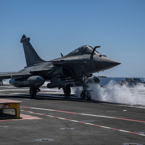 A rafale fighter jet prepares for take off on the deck of the French aircraft carrier Charles de Gaulle during the NATO military exercise Neptune Strike 26-2, off the coast of the Greek island of Crete, on April 27, 2026. 