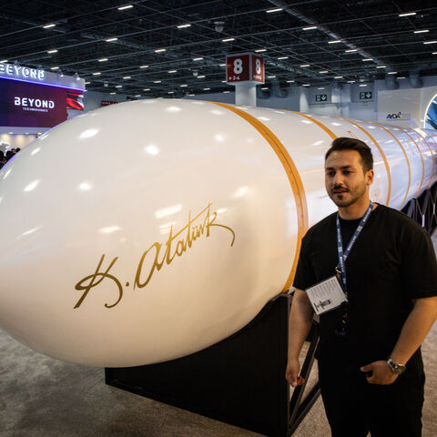 ISTANBUL, TURKEY - MAY 06: A man poses for a photograph in front of the newly unveiled, Turkish made intercontinental ballistic missile Yildirimhan at the SAHA International Defence and Aerospace Expo on May 06, 2026 in Istanbul, Turkey. The International Defence and Aerospace Exhibition, showcased Turkish and foreign companies new products and technology. The expo was dominated by UAV products as modern warfare increasingly shifts to drone and unmanned technologies. (Photo by Chris McGrath/Getty Images)