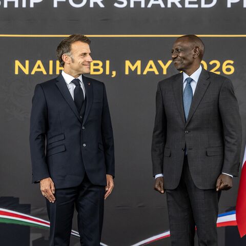 French President Emmanuel Macron and Kenyan President William Ruto during a reception at the State House ahead of the Africa Forward summit in Nairobi on May 10, 2026. 