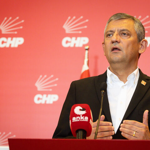 Republican People's Party (CHP) leader Ozgur Ozel, speaks to the media at CHP headquarters on May 22, 2026, in Ankara, Turkey. 