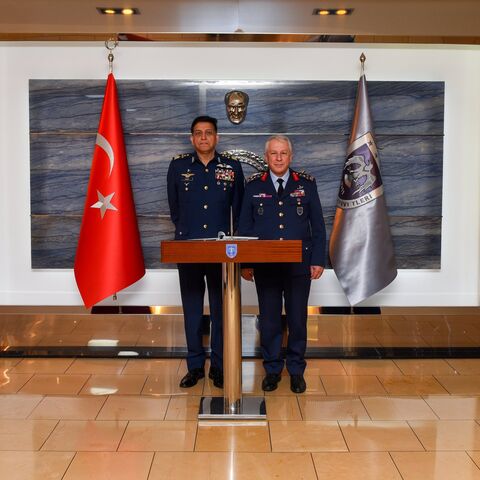 Turkish Minister of National Defense Yasar Guler (C) received Pakistan Air Force Commander General Zaheer Ahmed Baber Sidhu (L) at his office, on May 19. 2026, in Ankara. 