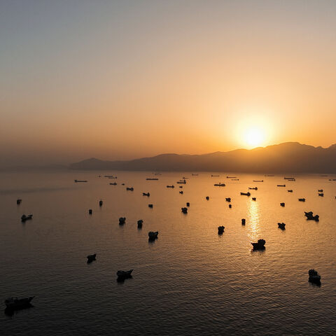 A drone view of vessles anchored in the Strait of Hormuz as seen from Musandam, Oman, June 3, 2026. REUTERS/Stringer