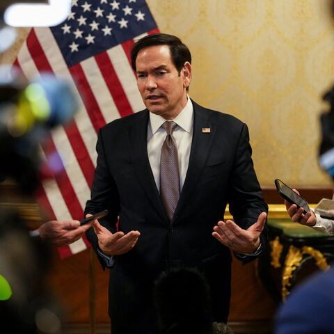 U.S. Secretary of State Marco Rubio speaks to members of the media before boarding a U.S. Air Force C-17 Globemaster III transport aircraft en route to Bahrain during his visit to the Middle East to discuss the interim deal between the U.S. and Iran with Arab Gulf allies, at Kuwait International Airport, June 24, 2026. REUTERS/Eric Lee/Pool