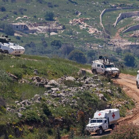 A United Nations convoy drives through southern Lebanon near the border with Israel on April 29
