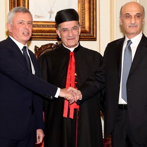Marada Movement leader Suleiman Frangieh (L) meets with Maronite Patriarch Mar Bechara Boutros al-Rahi (C) and Lebanese Forces leader Samir Geagea (R), Bkerke, north of Beirut, Nov. 14, 2018.