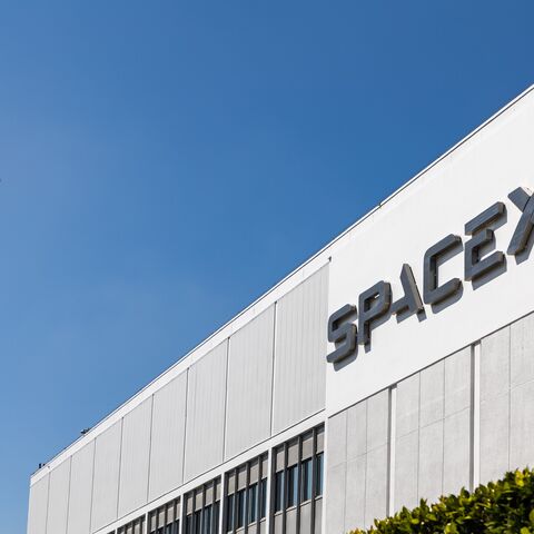 The headquarters of SpaceX in Hawthorne, California, with a Falcon 9 booster in March 2024.