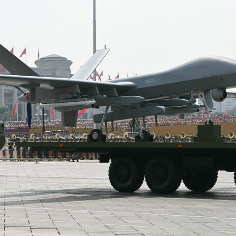 An unmanned aerial vehicle is seen during a military parade marking the 80th anniversary of victory over Japan and the end of World War II, in Beijing's Tiananmen Square on September 3, 2025. (Photo by GREG BAKER / AFP) (Photo by GREG BAKER/AFP via Getty Images)