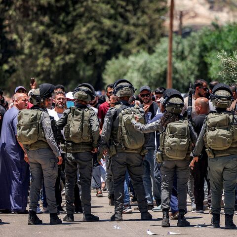 Israeli security forces attempt to disperse Palestinians who had gathered to protest the reported burning of land by Israeli settlers in the Palestinian village of Idna, west of Hebron in the occupied West Bank, on June 5, 2026.