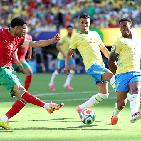 Achraf Hakimi #2 of Morocco shoots and misses a chance against Gabriel Magalhaes #3 of Brazil during the FIFA World Cup 2026 Group C match between Brazil and Morocco at New York New Jersey Stadium on June 13, 2026 in East Rutherford, New Jersey.