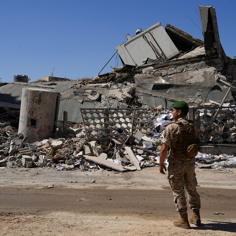A Lebanese army soldier inspects the damage in the aftermath of an Israeli strike in Nabatieh, Lebanon June 21, 2026. REUTERS/Stringer  REFILE - QUALITY REPEAT