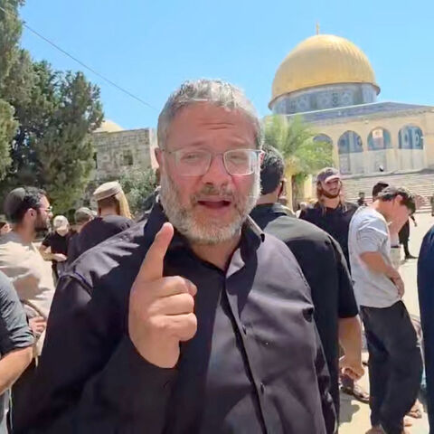 Israel's National Security Minister Itamar Ben-Gvir visits the Al-Aqsa Mosque, during the holy day Tisha B'Av, a day of fasting and lament, that commemorates the date in the Jewish calendar on which it is believed the First and Second Temples were destroyed, in Jerusalem's Old City,  July 23, 2026 in this still image obtained from handout video. Itamar Ben Gvir via Telegram/via REUTERS