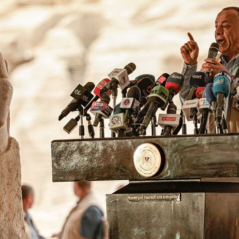 Mostafa Waziri, head of Egypt's Supreme Council of Antiquities, gives a press conference in the Saqqara necropolis, where archaeologists unearthed two human and animal embalming workshops as well as two tombs, south of Cairo, on May 27, 2023. 