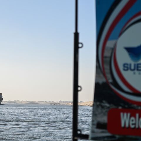 A ship transits the Suez Canal towards the Red Sea on Jan. 10, 2024 in Ismailia, Egypt.