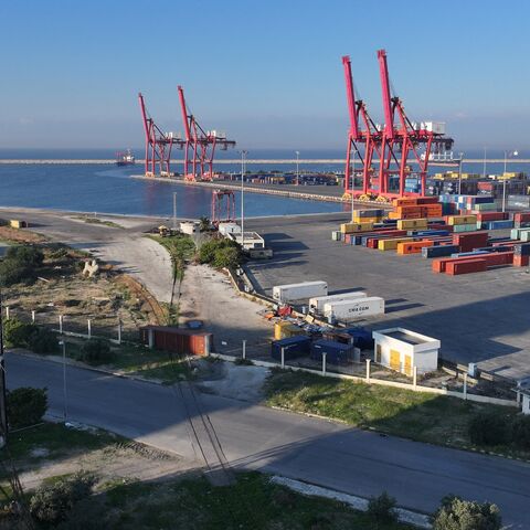 An aerial view shows port of the western Syrian port city of Latakia, on Dec. 18, 2024. 