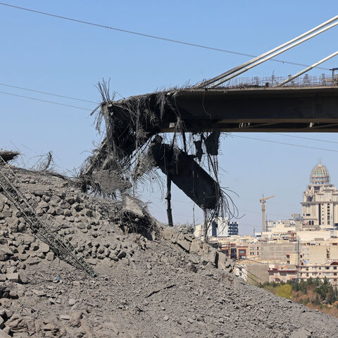 A view of the B1 bridge is pictured, a day after it was destroyed by a strike in Karaj, around 20miles (35kms) southwest of Tehran, April 3, 2026. 