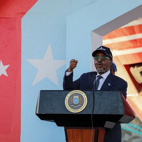 Somalia's President Hassan Sheikh Mohamud speaks during the launch of an offshore energy exploration at the port in Mogadishu on April 10, 2026. 