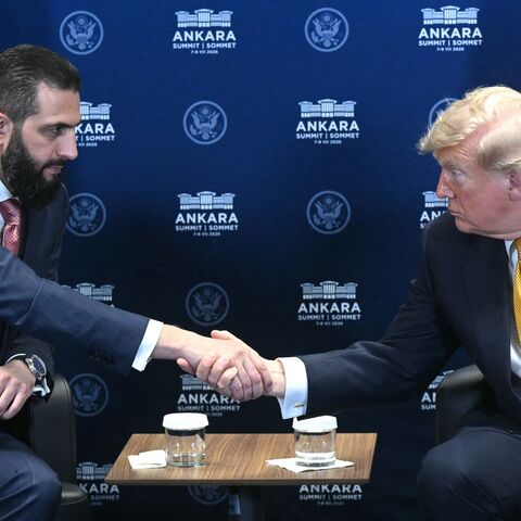 US President Donald Trump meets Syrian President Ahmed al-Sharaa (L) on the sidelines of the NATO Summit at Bestepe Presidential Compound in Ankara, on July 8, 2026.