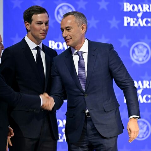 US Special Envoy Steve Witkoff (L) shakes hands with Nickolay Mladenov, Bulgarian High Representative for Gaza (R) next to US businessman Jared Kushner at the "Board of Peace" meeting during the World Economic Forum (WEF) annual meeting in Davos on January 22, 2026