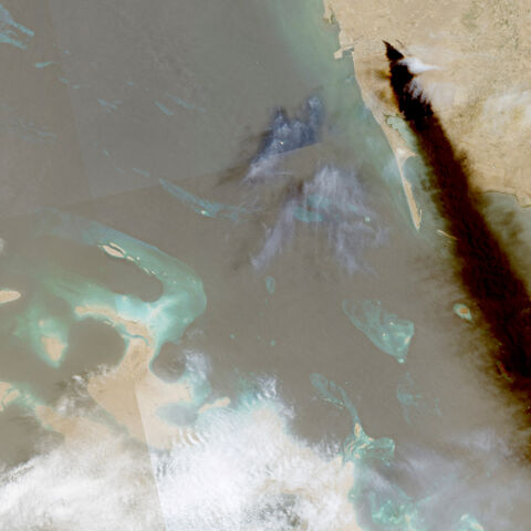FILE PHOTO: A composite satellite image shows trail of smoke rising from an oil facility, in Jizan, Jazan province, Saudi Arabia, July 26, 2026. European Union/Copernicus Sentinel-2/Handout via REUTERS/File Photo