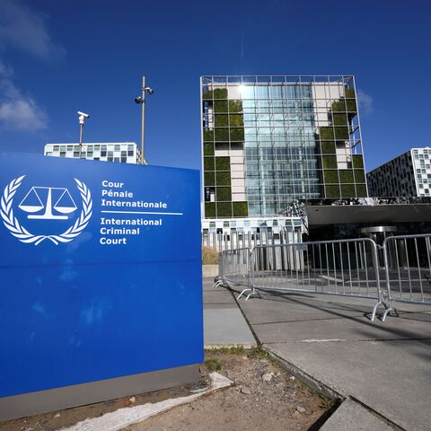 This general view shows the exterior and the logo of the International Criminal Court (ICC) in The Hague on March 28, 2026. 