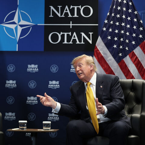 ANKARA, TURKEY - JULY 08: U.S. President Donald Trump (R) meets with Ahmed al-Sharaa, President of Syria (L) for bilateral talks at Beştepe Presidential Compound during the NATO Summit on July 08, 2026 in Ankara, Turkey. Leaders from NATO's 32 countries, plus NATO allies like Ukraine, gathered in the Turkish capital to discuss a range of issues involving spending targets, defense industrial production, and support for Ukraine, among other topics. (Photo by Win McNamee/Getty Images)