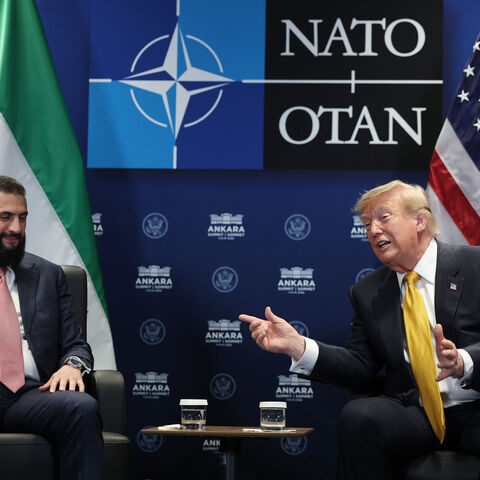 ANKARA, TURKEY - JULY 08: U.S. President Donald Trump (R) meets with Ahmed al-Sharaa, President of Syria (L) for bilateral talks at Beştepe Presidential Compound during the NATO Summit on July 08, 2026 in Ankara, Turkey. Leaders from NATO's 32 countries, plus NATO allies like Ukraine, gathered in the Turkish capital to discuss a range of issues involving spending targets, defense industrial production, and support for Ukraine, among other topics. (Photo by Win McNamee/Getty Images)