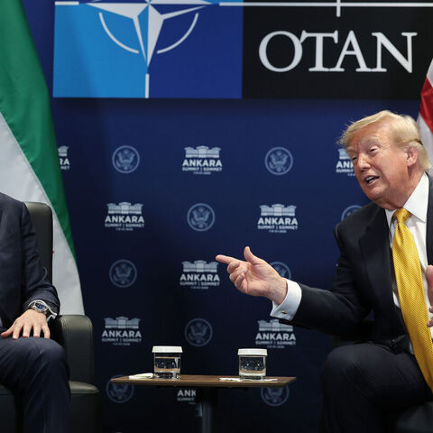 US President Donald Trump (R) meets with Syrian President Ahmed al-Sharaa (L) for bilateral talks at Bestepe Presidential Compound during the NATO Summit on July 8, 2026, in Ankara, Turkey. — Win McNamee/Getty Images