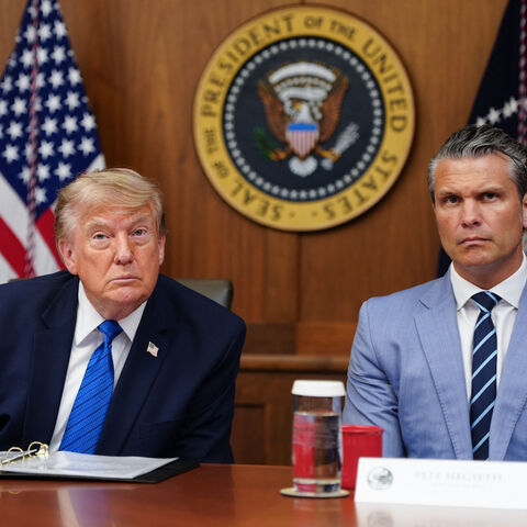 US President Donald Trump and US Secretary of Defense Pete Hegseth listen to questions from the press during a Cabinet meeting at Camp David in Maryland, on July 31, 2026.