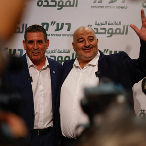 Leader of the Arab Israeli party Ra'am (United Arab List) Mansour Abbas (R) and Israeli politician Yoav Segalovitz (L) attend a news conference in Nazareth on August 31, 2026. Abbas announced that Segalovitz, an Israeli Jew, will join his party for the upcoming Israeli elections. (Photo by Jalaa MAREY / AFP via Getty Images)