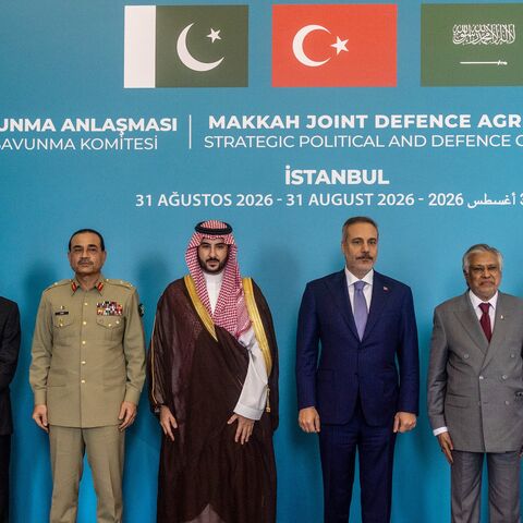 Turkish Foreign Minister Hakan Fidan (3rd R) with Saudi Foreign Minister Faisal bin Farhan Al-Saud (R) and Pakistan Foreign Minister Ishaq Dar (2nd R), Saudi Defense Minister Prince Khalid bin Salman (C), Turkish Chief of the General Staff General Selcuk Bayraktaroglu (L), Pakistani Defence Minister Khawaja Muhammad Asif (2nd R), Pakistani Chief of Defence Forces and Chief of Army Staff Field Marshal Asim Munir (3rd R) at the first meeting of the Strategic Political and Defence Committee in relation to the 