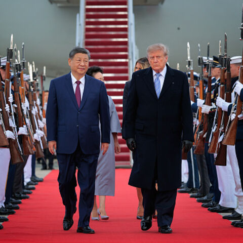 OINT BASE ANDREWS, MARYLAND - SEPTEMBER 23: U.S. President Donald Trump (R) walks on a red carpet after greeting Chinese President Xi Jinping (L) during an arrival ceremony on September 23, 2026 at Joint Base Andrews, Maryland. President Trump is hosting President Xi for a three-day state visit to Washington, DC where the leaders are expected to discuss trade practices, artificial intelligence and furthering “strategic stability” between their countries. (Photo by Chip Somodevilla/Getty Images)