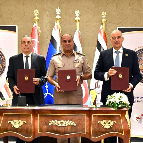 Cypriot Defense Minister Vasilis Palmas, Egyptian Defense Minister Lt. Gen. Ashraf Salem Zaher, and Greek Defense Minister Nikos Dendias meet in Cairo, Sept. 22, 2026.