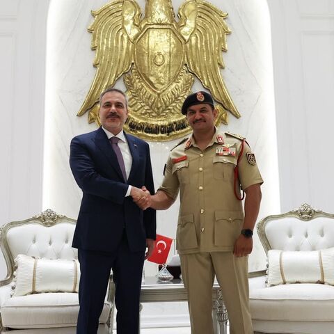 Turkish Foreign Minister Hakan Fidan meets with Saddam Haftar, Deputy Commander of the Libyan National Army, in Benghazi, Aug. 12, 2026.