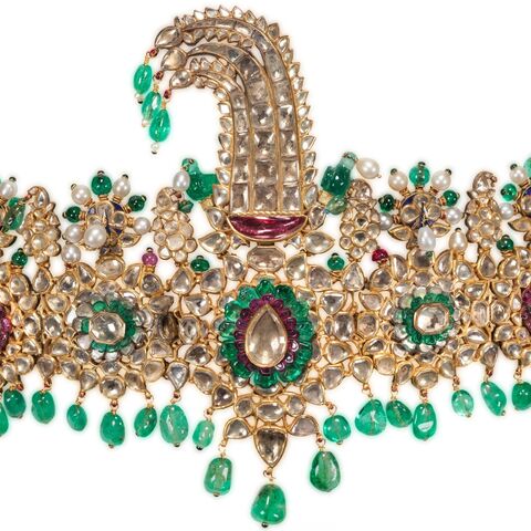 The “Patiala Sarpech,” a turban ornament from Mughal India, c. 1880, from the collection of the Museum of Islamic Art, Doha. (Randa Dalloul/Qatar Museums)