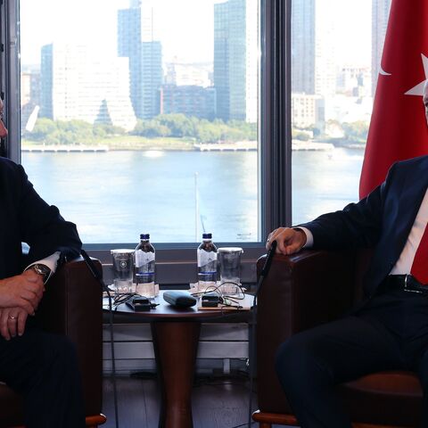 Turkish President Recep Tayyip Erdogan receives Israeli Prime Minister Benjamin Netanyahu at the Turkish House in New York, on Sept. 19, 2023. 