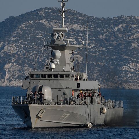 The Hellenic Navy Roussen or Super Vita class Fast Missile Patrol Boat P 71 HS Ritsos patrols off the tiny Greek island of Kastellorizo (Megisti), in the Dodecanese, the furthest south eastern Greek Island, 2 kilometers from the Turkish mainland, on Aug. 28, 2020.