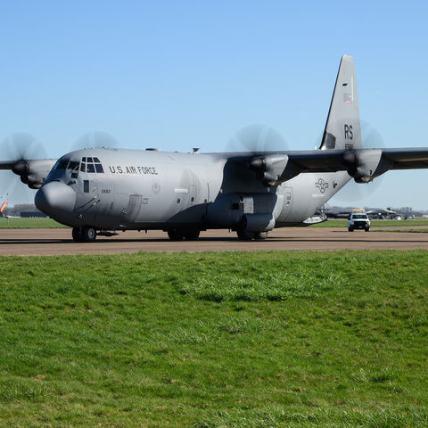 A Lockheed Martin C-130J-30 Hercules taxis before take-off from RAF Fairford on March 18, 2026 in Fairford, England.