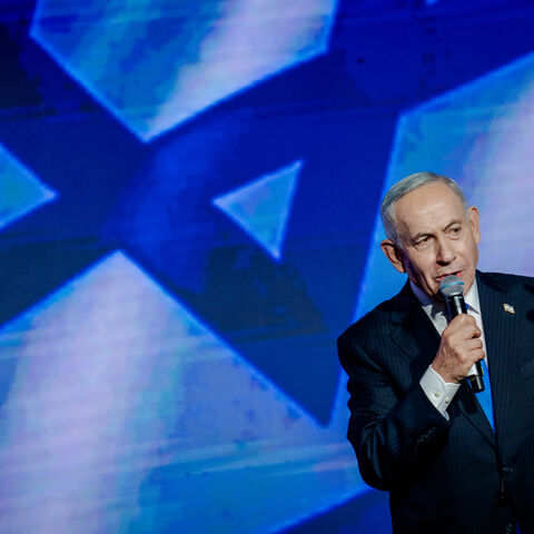 Israeli Prime Minister and Likud party leader Benjamin Netanyahu speaks to supporters at the lectern during a party campaign rally at Expo Tel Aviv on Sept. 17, 2026 in Tel Aviv, Israel. 