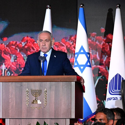 Israeli Prime Minister Benjamin Netanyahu speaks during the state memorial ceremony for the third anniversary of Oct. 7 attack, at Mount Herzl military cemetery, Jerusalem, Oct. 5, 2026.