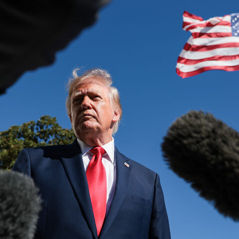 President Donald Trump speaks to reporters before boarding Marine One on the South Lawn of the White House on Oct. 7, 2026 in Washington, DC. 