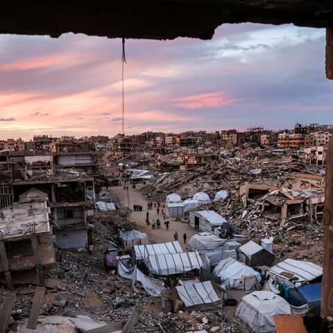 Tents sheltering Palestinians displaced by the Hamas-Israeli war are pitched between the rubble of destroyed buildings in the Jabalia camp, northern Gaza Strip, Oct. 20, 2026.